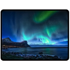 Green Aurora Lights-over Rocky Shore During Night Time Fleece Blanket (large) by danenraven