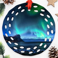 Green Aurora Lights-over Rocky Shore During Night Time Ornament (round Filigree) by danenraven