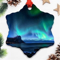 Green Aurora Lights-over Rocky Shore During Night Time Ornament (snowflake) by danenraven