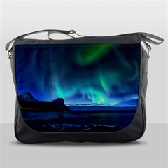 Green Aurora Lights-over Rocky Shore During Night Time Messenger Bag by danenraven