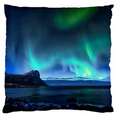 Green Aurora Lights-over Rocky Shore During Night Time Large Cushion Case (one Side) by danenraven