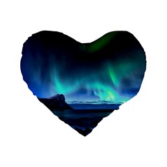 Green Aurora Lights-over Rocky Shore During Night Time Standard 16  Premium Heart Shape Cushions by danenraven