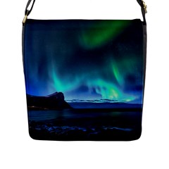 Green Aurora Lights-over Rocky Shore During Night Time Flap Closure Messenger Bag (l) by danenraven