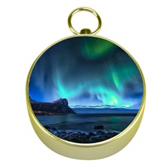 Green Aurora Lights-over Rocky Shore During Night Time Gold Compasses by danenraven