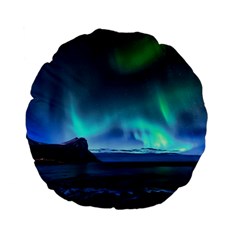 Green Aurora Lights-over Rocky Shore During Night Time Standard 15  Premium Flano Round Cushions by danenraven