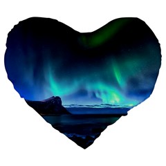 Green Aurora Lights-over Rocky Shore During Night Time Large 19  Premium Flano Heart Shape Cushions by danenraven