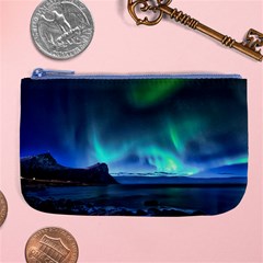 Green Aurora Lights-over Rocky Shore During Night Time Large Coin Purse by danenraven