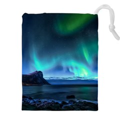 Green Aurora Lights-over Rocky Shore During Night Time Drawstring Pouch (5xl) by danenraven