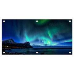 Green Aurora Lights-over Rocky Shore During Night Time Banner And Sign 4  X 2  by danenraven