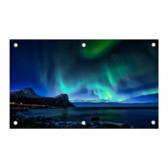 Green Aurora Lights-over Rocky Shore During Night Time Banner And Sign 5  X 3  by danenraven