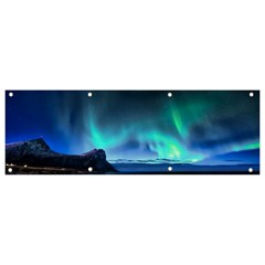 Green Aurora Lights-over Rocky Shore During Night Time Banner And Sign 9  X 3  by danenraven