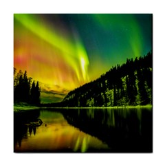 Scenic View Of Aurora Borealis Stretching Over A Lake At Night Tile Coaster by danenraven