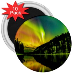 Scenic View Of Aurora Borealis Stretching Over A Lake At Night 3  Magnets (10 Pack)  by danenraven