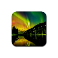 Scenic View Of Aurora Borealis Stretching Over A Lake At Night Rubber Square Coaster (4 Pack) by danenraven