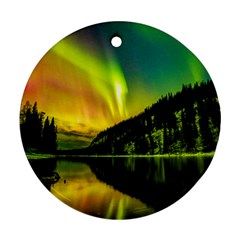 Scenic View Of Aurora Borealis Stretching Over A Lake At Night Round Ornament (two Sides) by danenraven