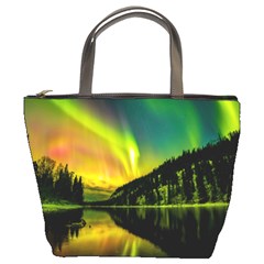 Scenic View Of Aurora Borealis Stretching Over A Lake At Night Bucket Bag by danenraven