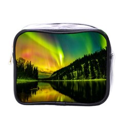 Scenic View Of Aurora Borealis Stretching Over A Lake At Night Mini Toiletries Bag (one Side) by danenraven