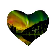 Scenic View Of Aurora Borealis Stretching Over A Lake At Night Standard 16  Premium Heart Shape Cushions by danenraven