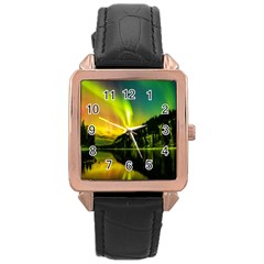 Scenic View Of Aurora Borealis Stretching Over A Lake At Night Rose Gold Leather Watch  by danenraven