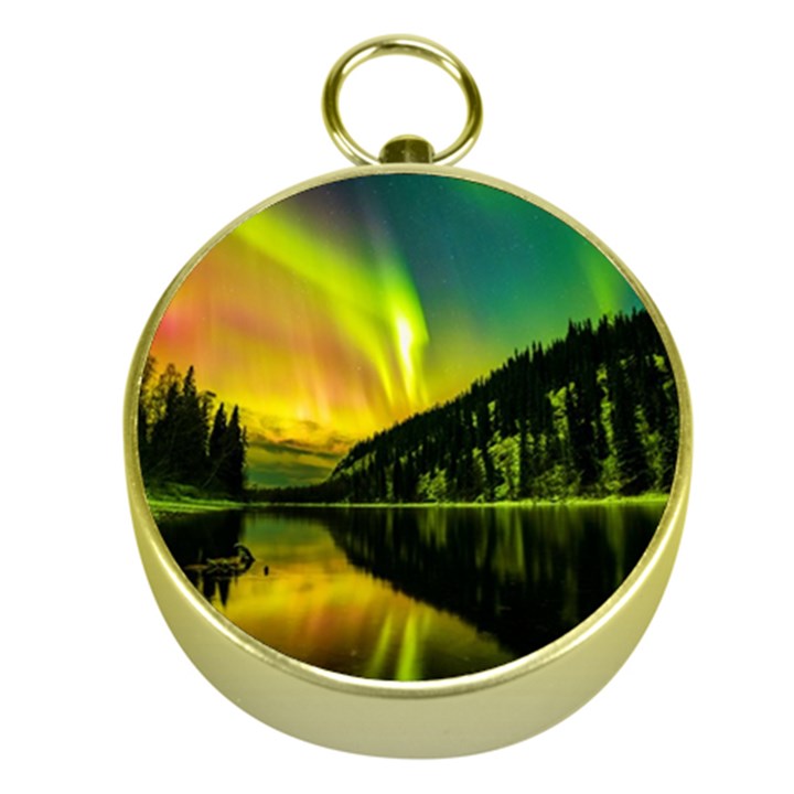 Scenic View Of Aurora Borealis Stretching Over A Lake At Night Gold Compasses