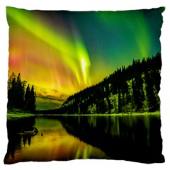 Scenic View Of Aurora Borealis Stretching Over A Lake At Night Large Flano Cushion Case (one Side) by danenraven