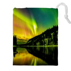 Scenic View Of Aurora Borealis Stretching Over A Lake At Night Drawstring Pouch (5xl) by danenraven