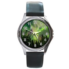 Aurora Borealis In Sky Over Forest Round Metal Watch by danenraven