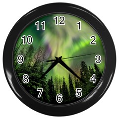 Aurora Borealis In Sky Over Forest Wall Clock (black) by danenraven