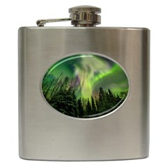 Aurora Borealis In Sky Over Forest Hip Flask (6 Oz) by danenraven