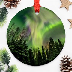 Aurora Borealis In Sky Over Forest Round Ornament (two Sides) by danenraven