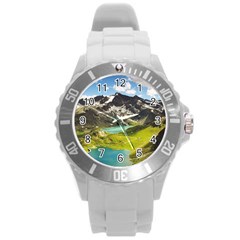 Aerial View Of Mountain And Body Of Water Round Plastic Sport Watch (l) by danenraven