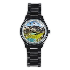 Aerial View Of Mountain And Body Of Water Stainless Steel Round Watch by danenraven