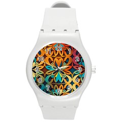 Orange, turquoise and blue pattern  Round Plastic Sport Watch (M)