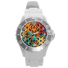 Orange, Turquoise And Blue Pattern  Round Plastic Sport Watch (l) by Sobalvarro