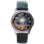 Dark Full Moonscape Midnight Scene Round Metal Watch Front