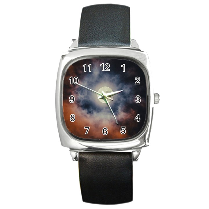 Dark Full Moonscape Midnight Scene Square Metal Watch