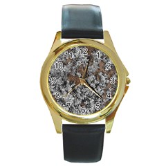 Floral Surface Print Design Round Gold Metal Watch