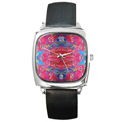 Red Swirls Repeats Iii Square Metal Watch by kaleidomarblingart