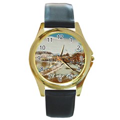 Birds And People On Lake Garda Round Gold Metal Watch by ConteMonfrey