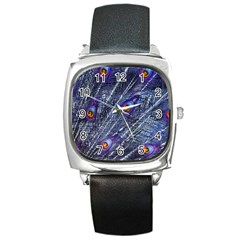 Peacock-feathers-color-plumage Blue Square Metal Watch by danenraven