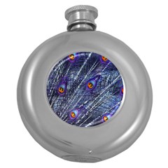 Peacock-feathers-color-plumage Blue Round Hip Flask (5 Oz) by danenraven