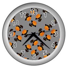 Pumpkin Heads With Hat Gray Wall Clock (silver) by TetiBright