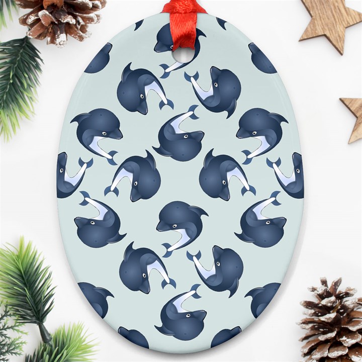 Blue Dolphins Pattern Oval Ornament (Two Sides)