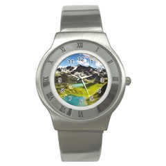 Aerial View Of Mountain And Body Of Water Stainless Steel Watch by danenraven