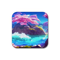 Fantasy Japan Mountains Cherry Blossoms Nature Rubber Coaster (square) by Uceng