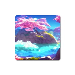 Fantasy Japan Mountains Cherry Blossoms Nature Square Magnet by Uceng