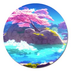 Fantasy Japan Mountains Cherry Blossoms Nature Magnet 5  (round) by Uceng