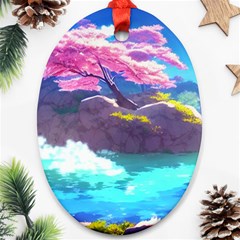 Fantasy Japan Mountains Cherry Blossoms Nature Oval Ornament (two Sides)