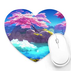 Fantasy Japan Mountains Cherry Blossoms Nature Heart Mousepad by Uceng