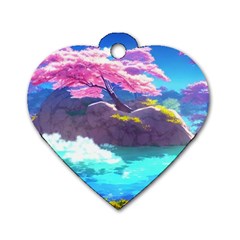 Fantasy Japan Mountains Cherry Blossoms Nature Dog Tag Heart (one Side) by Uceng